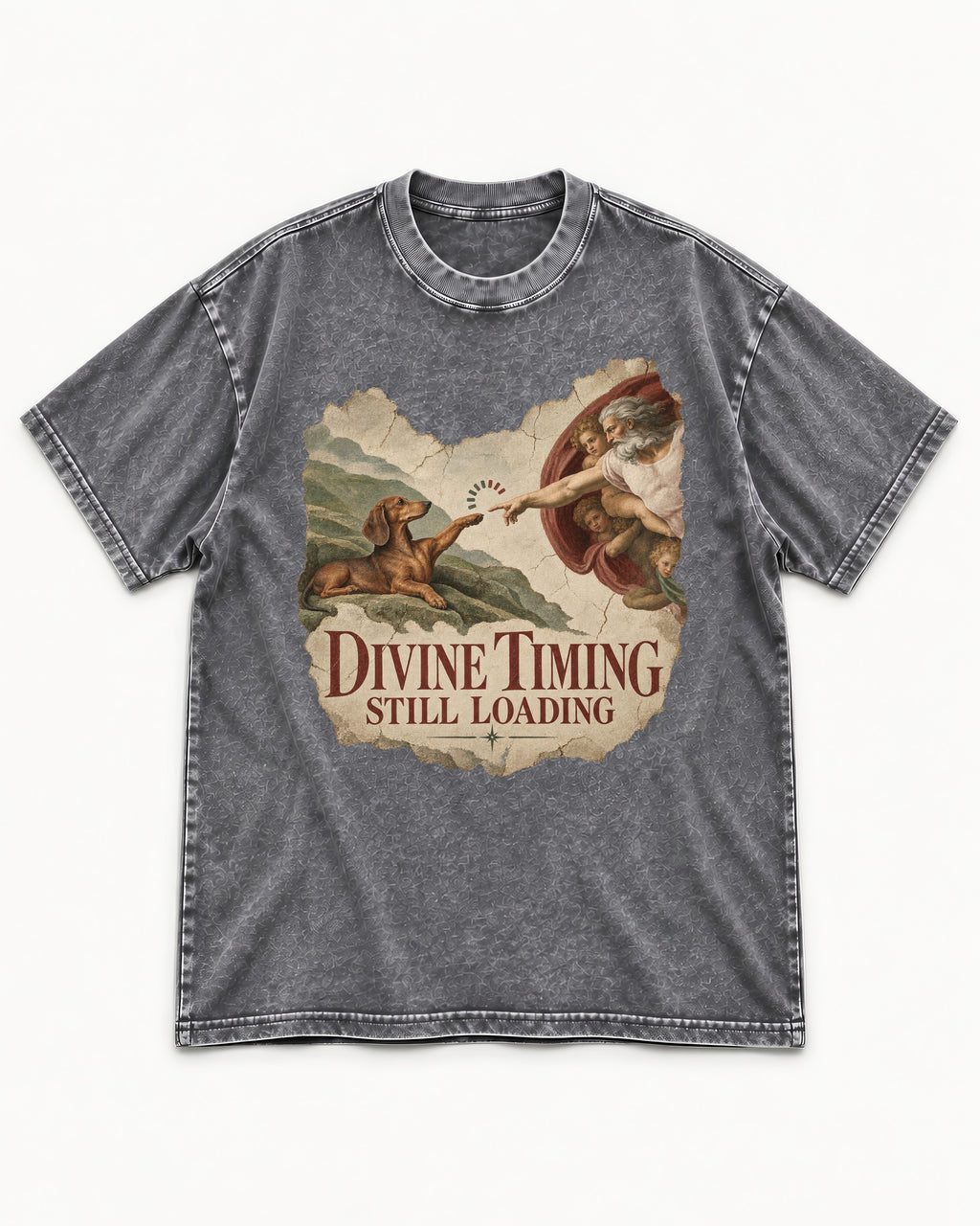 Dachshund's Divine Timing Washed Tee in Gray, flat lay product photo