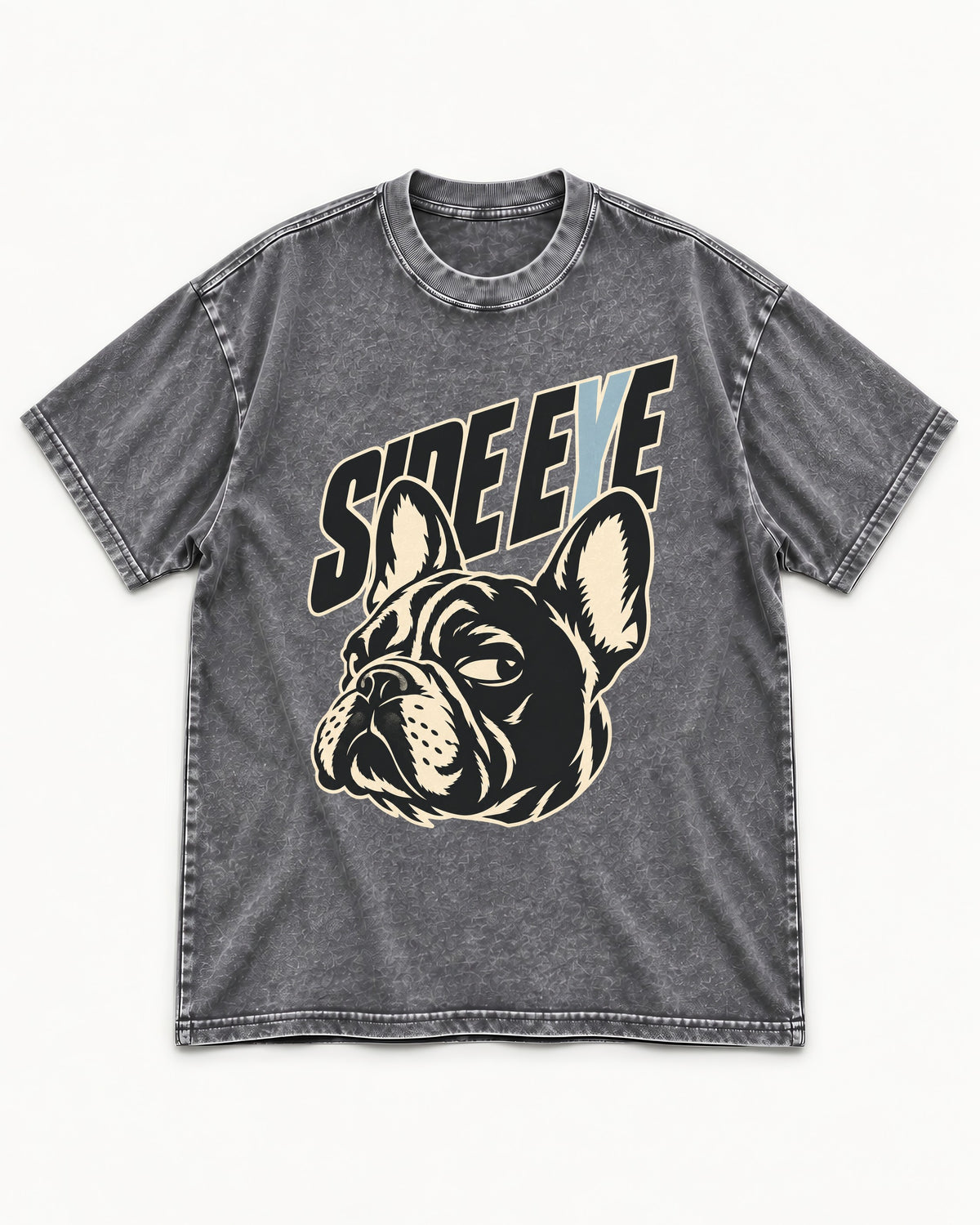 Frenchie Side Eye Portrait Graphic Washed Tee in Gray, flat lay product photo