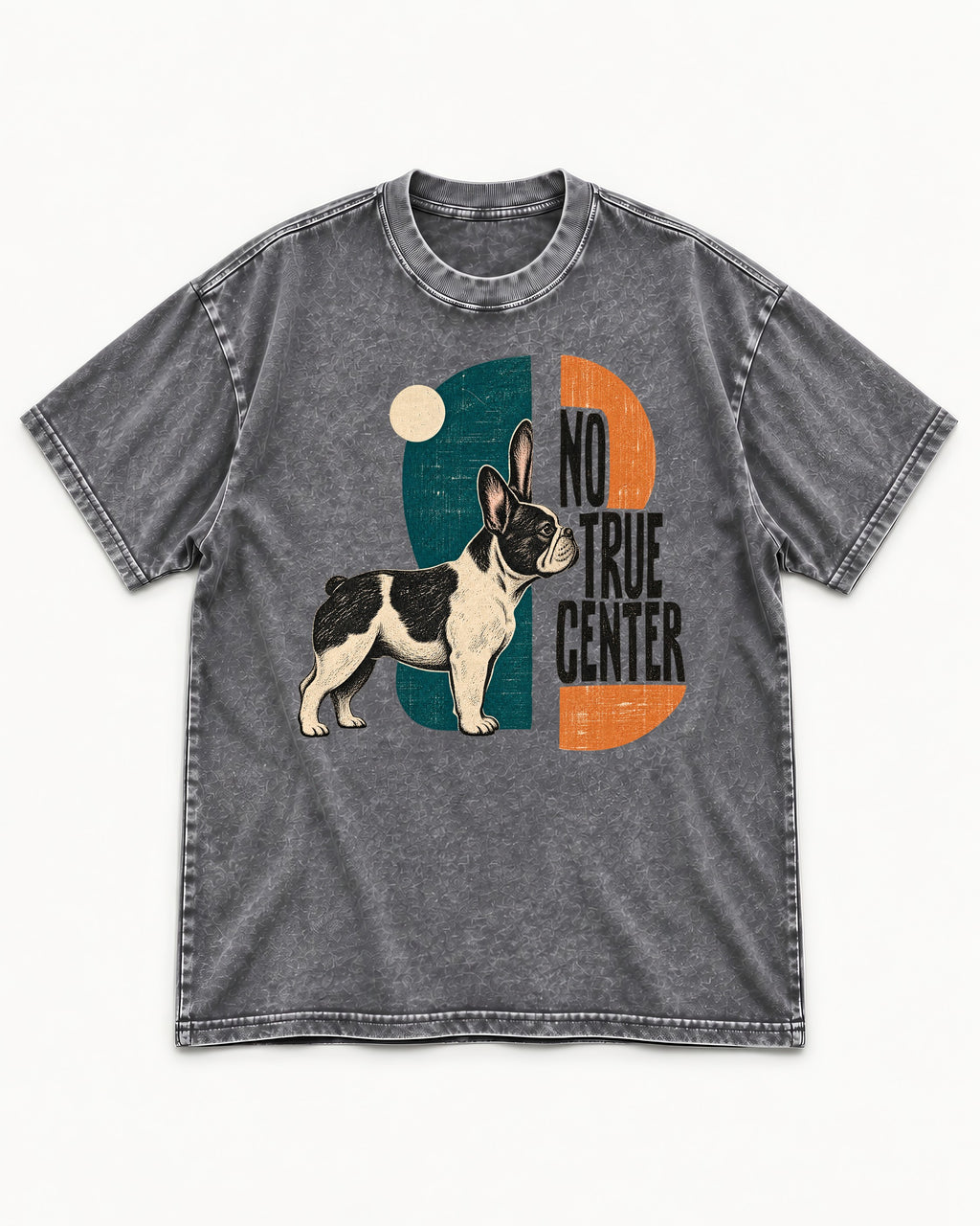 No True Center Frenchie Washed Tee in Gray, flat lay product photo