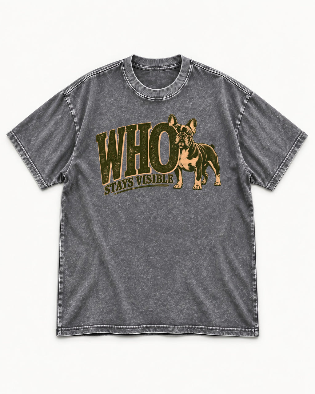 Frenchie Stays Visible Washed Tee in Gray, flat lay product photo