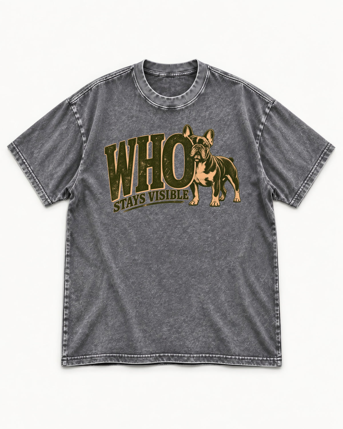 Frenchie Stays Visible Washed Tee in Gray, flat lay product photo