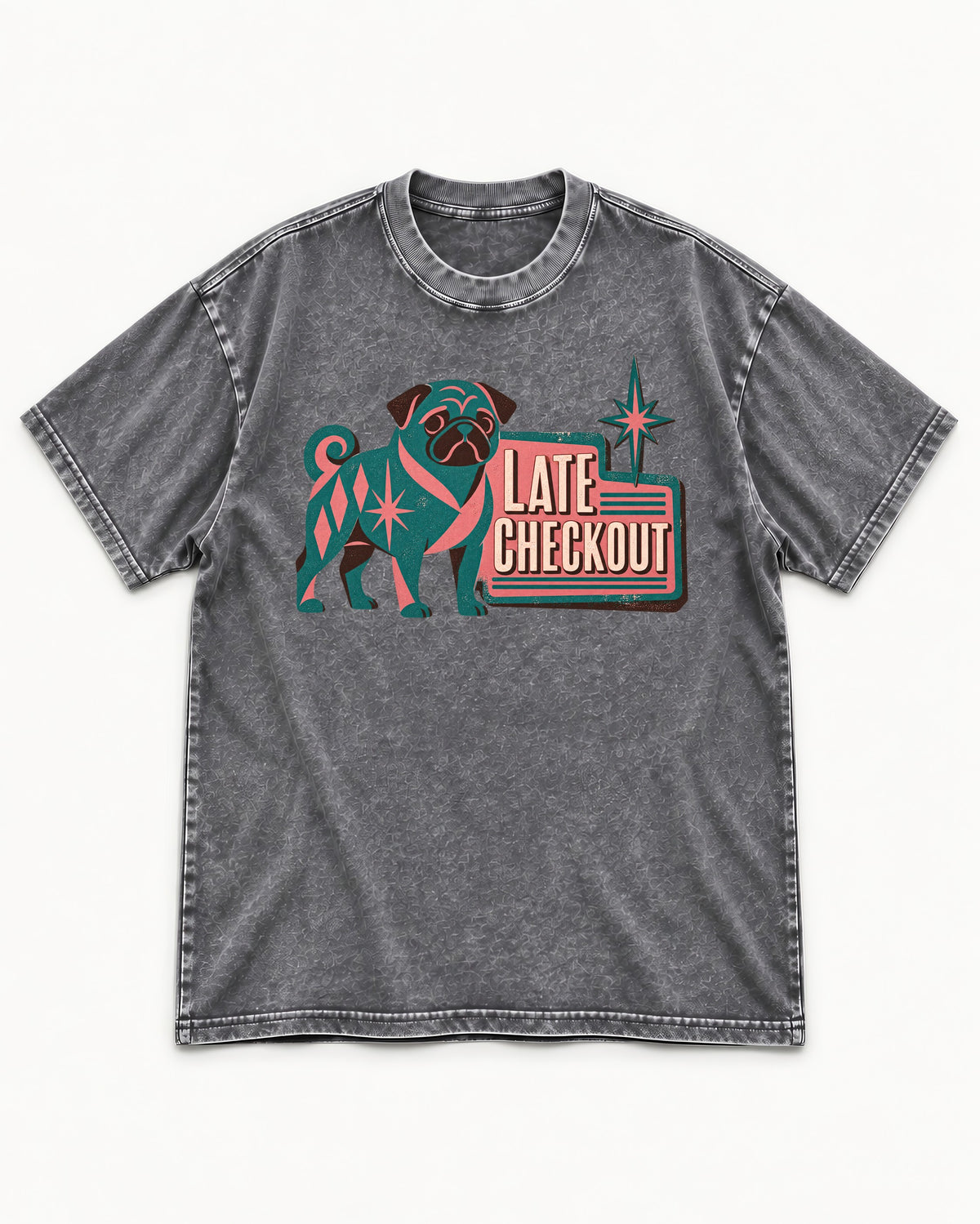Pug's Late Checkout Washed Tee in Gray, flat lay product photo