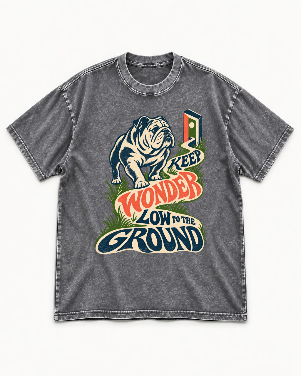 Keep Wonder Low to the Ground English Bulldog Graphic Washed Tee in Gray, flat lay product photo