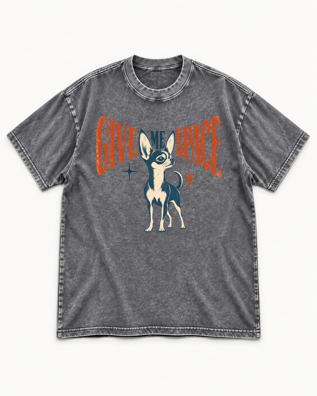 Chihuahua Give Me Space Starburst Graphic Washed Tee in Gray, flat lay product photo