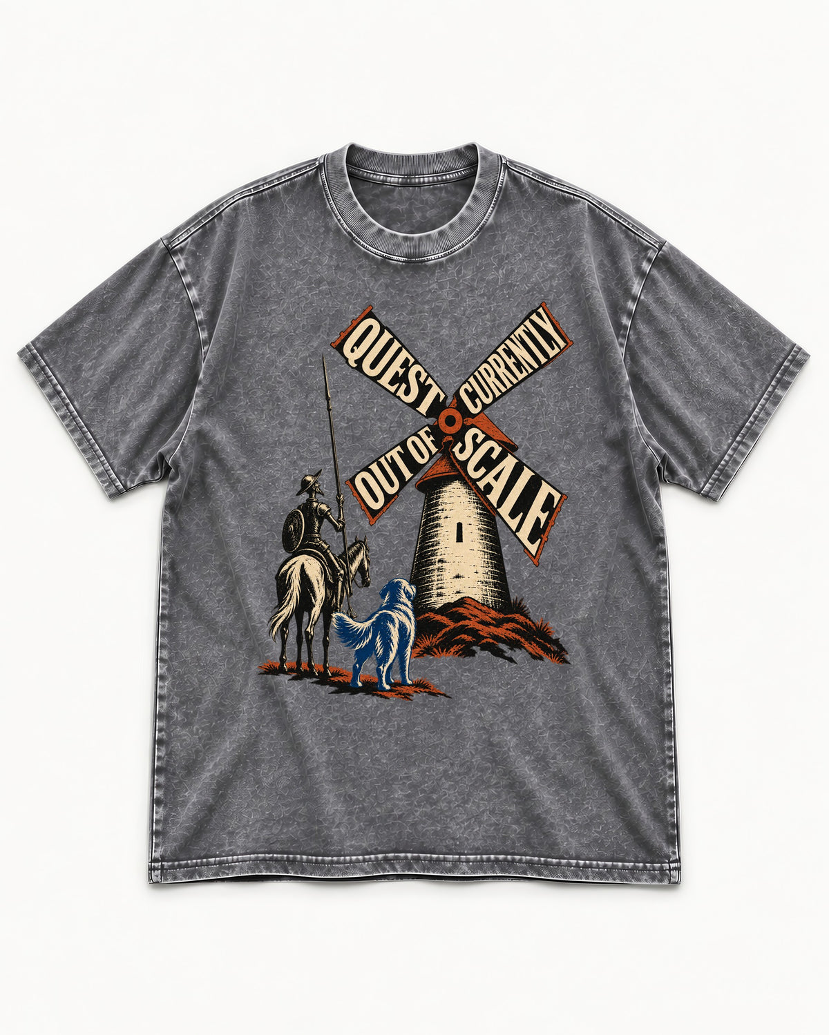 Golden Retriever Quest Out of Scale Washed Tee in Gray, flat lay product photo