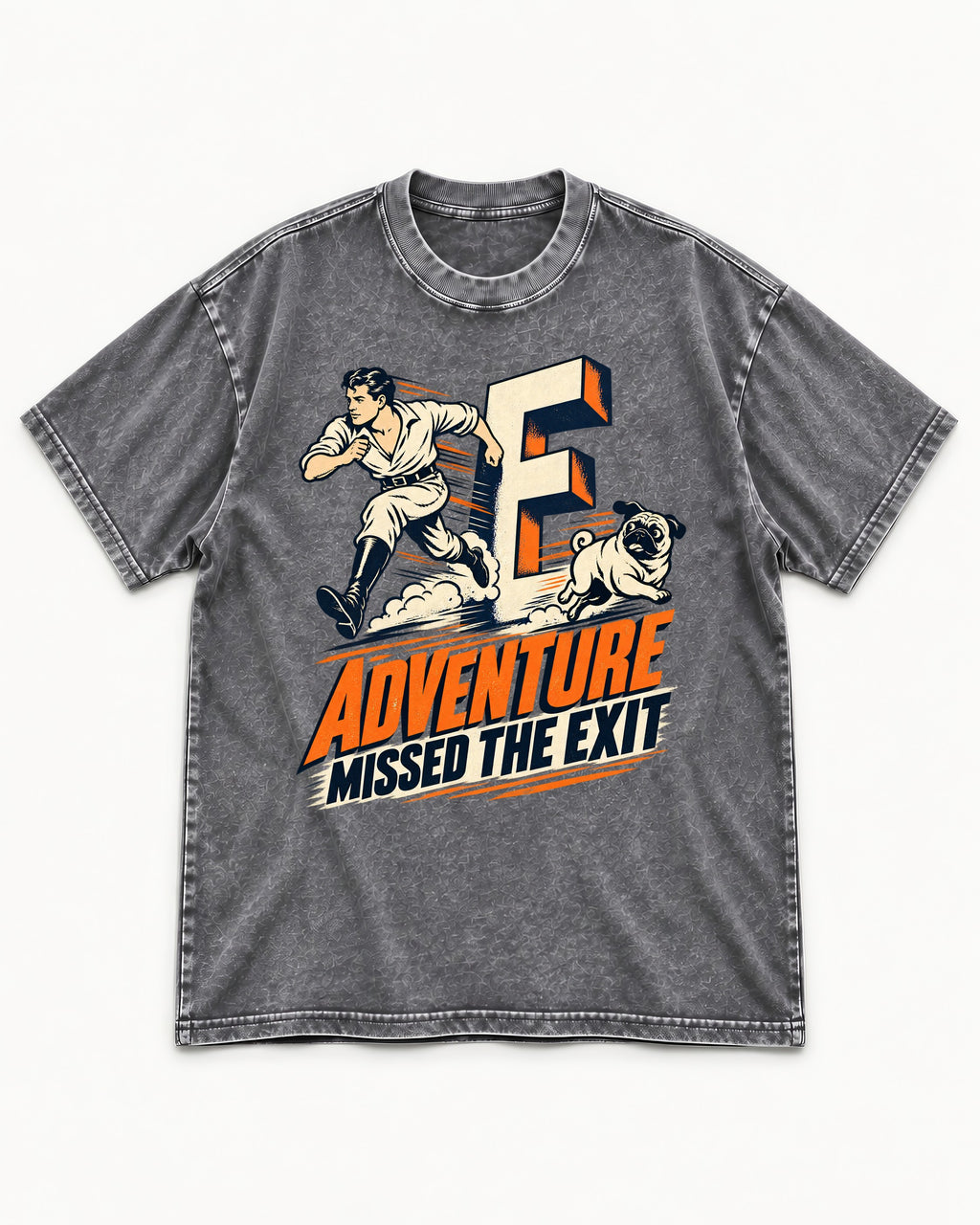 Pug Adventure Missed the Exit Running Graphic Washed Tee in Gray, flat lay product photo