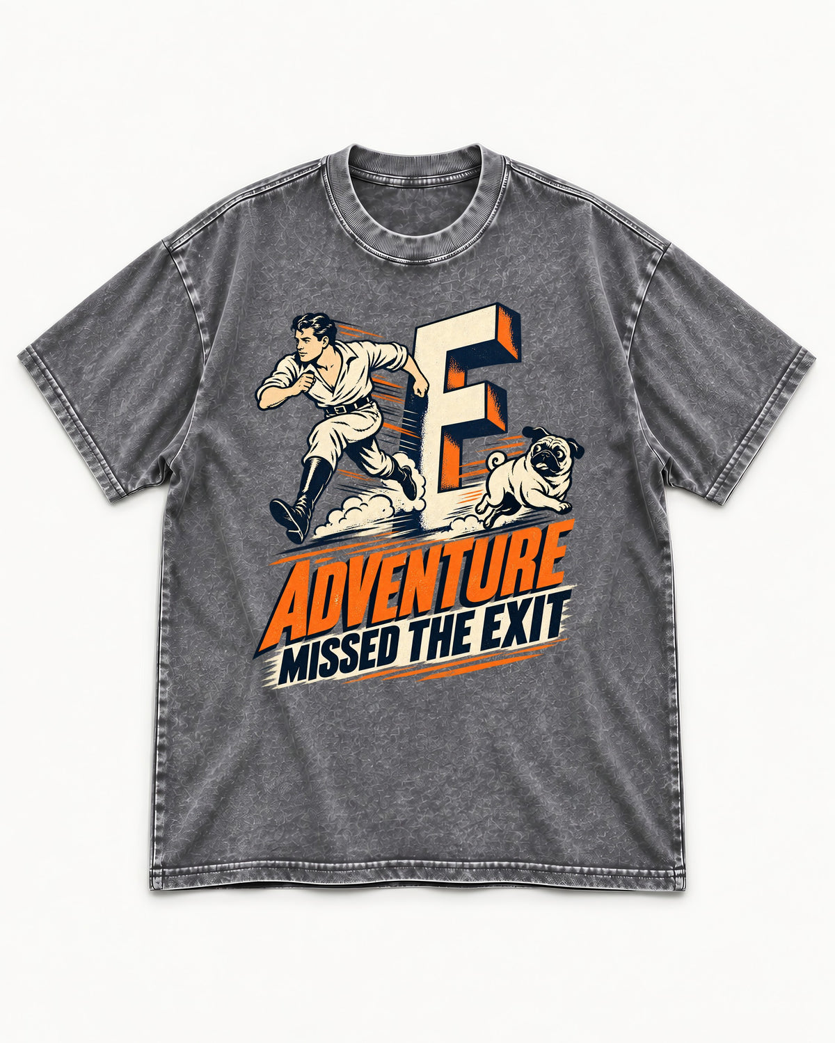 Pug Adventure Missed the Exit Running Graphic Washed Tee in Gray, flat lay product photo
