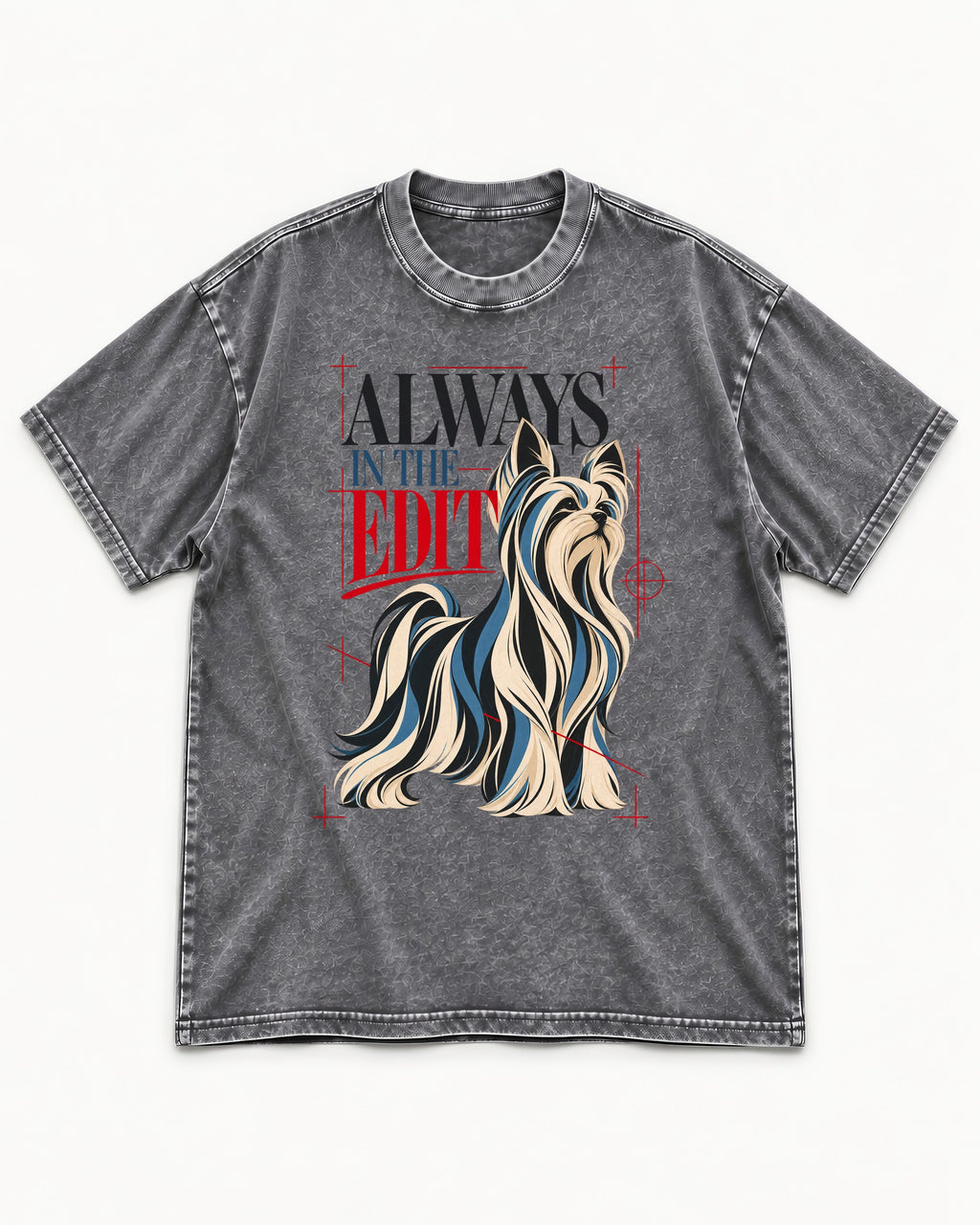 Always in the Edit Yorkshire Terrier Washed Tee in Gray, flat lay product photo
