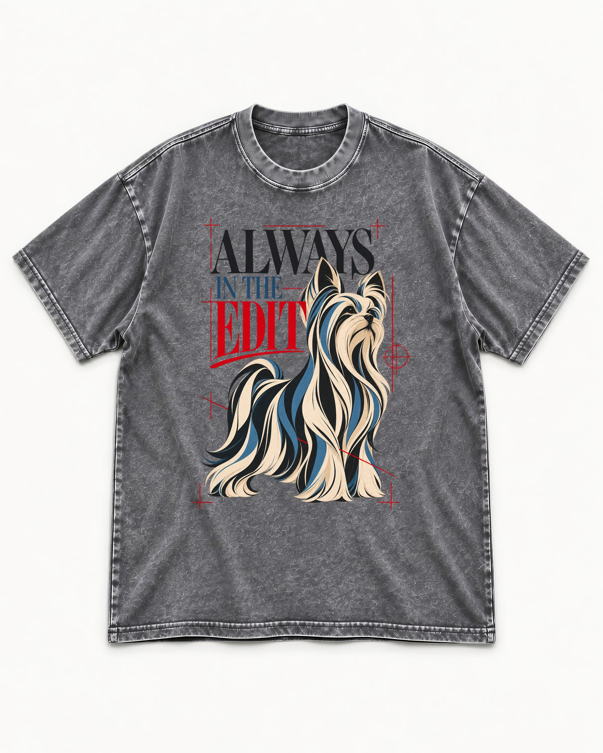 Always in the Edit Yorkshire Terrier Washed Tee in Gray, flat lay product photo