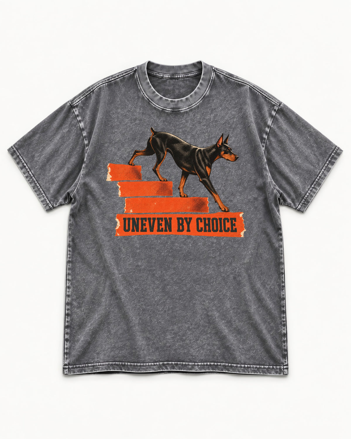Doberman Uneven by Choice Stair Graphic Washed Tee in Gray, flat lay product photo