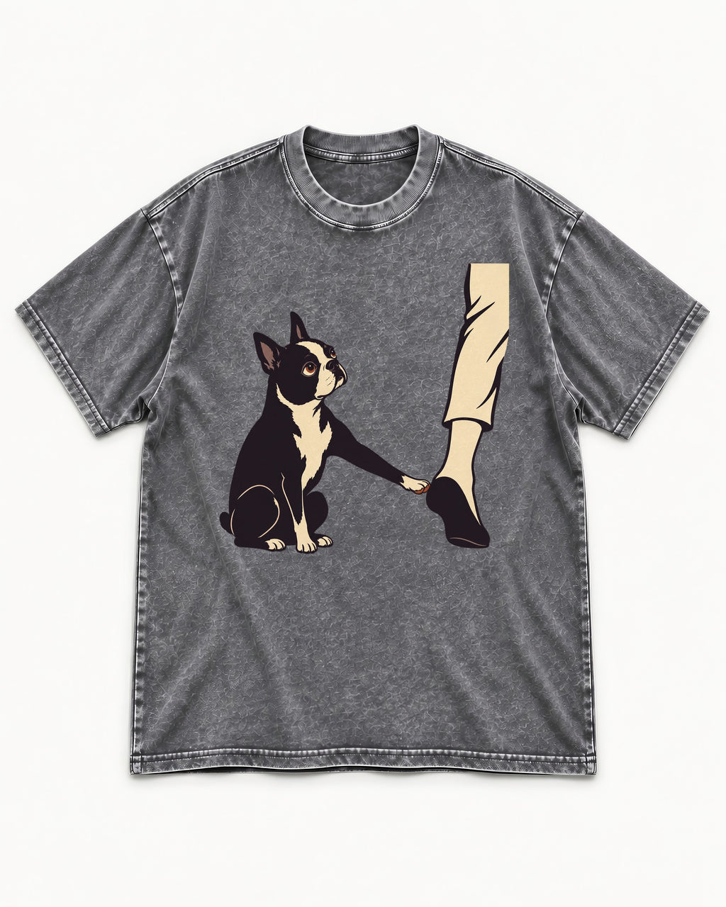 Boston Terrier Stay with Me Washed Tee in Gray, flat lay product photo