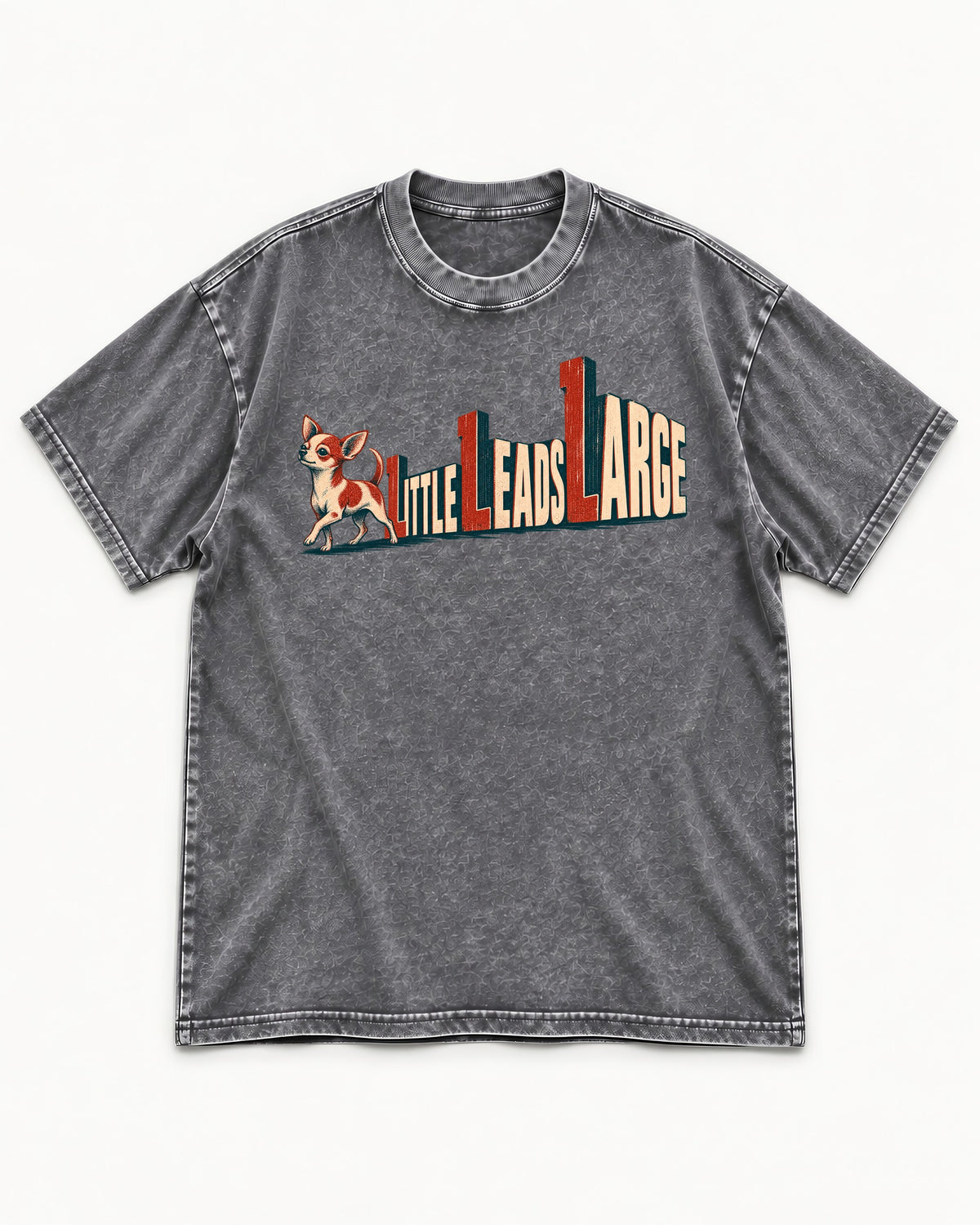 Chihuahua Little Leads Large Perspective Typography Washed Tee in Gray, flat lay product photo