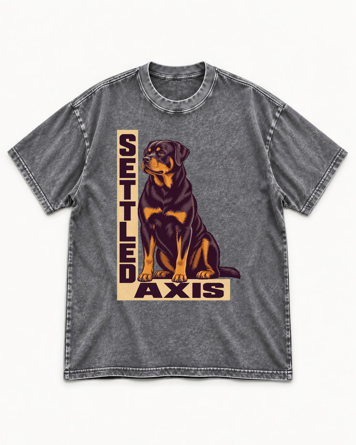 Settled Axis Rottweiler Washed Tee in Gray, flat lay product photo