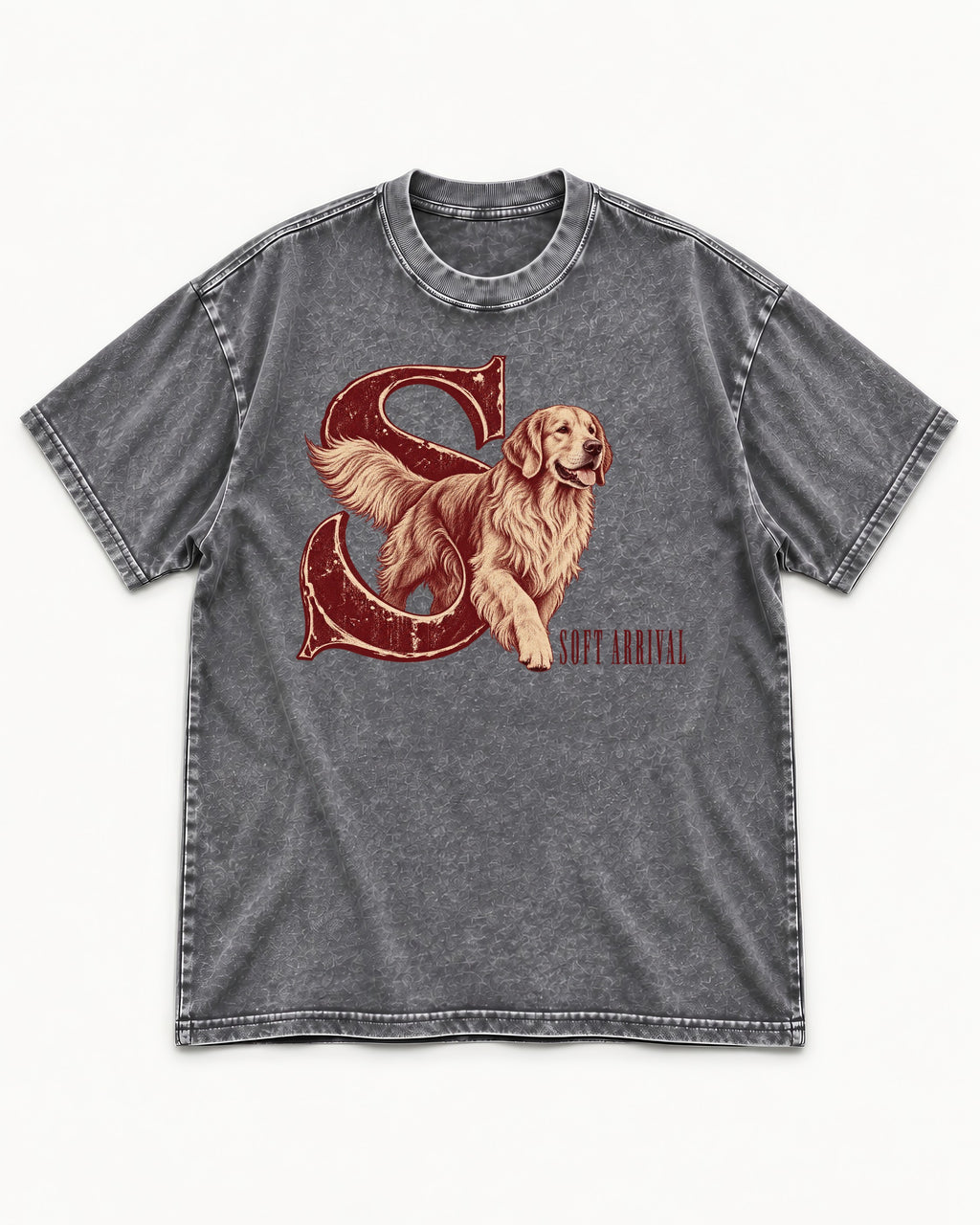 Soft Arrival Golden Retriever Washed Tee in Gray, flat lay product photo