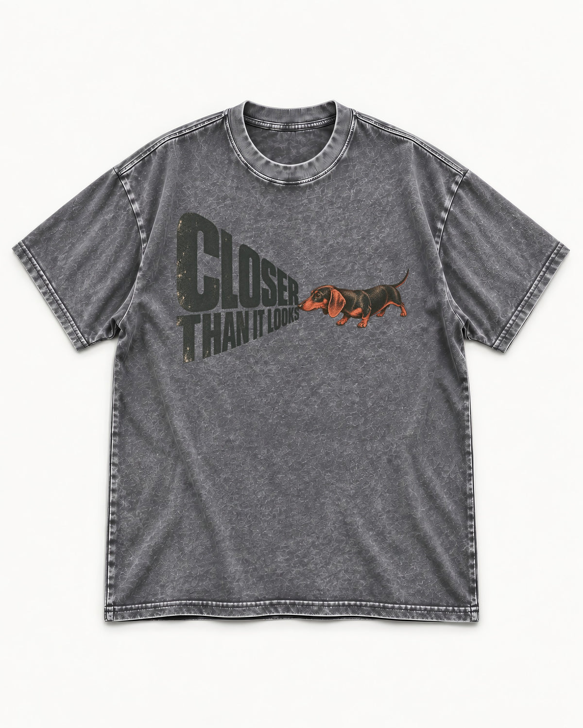 Dachshund Closer Than It Looks Washed Tee in Gray, flat lay product photo