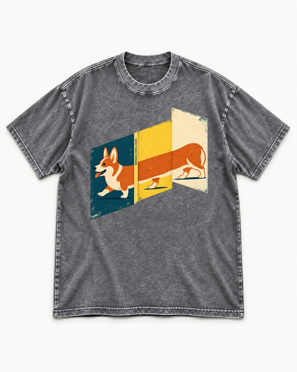 Corgi Back Folds Forward Panels Washed Tee in Gray, flat lay product photo