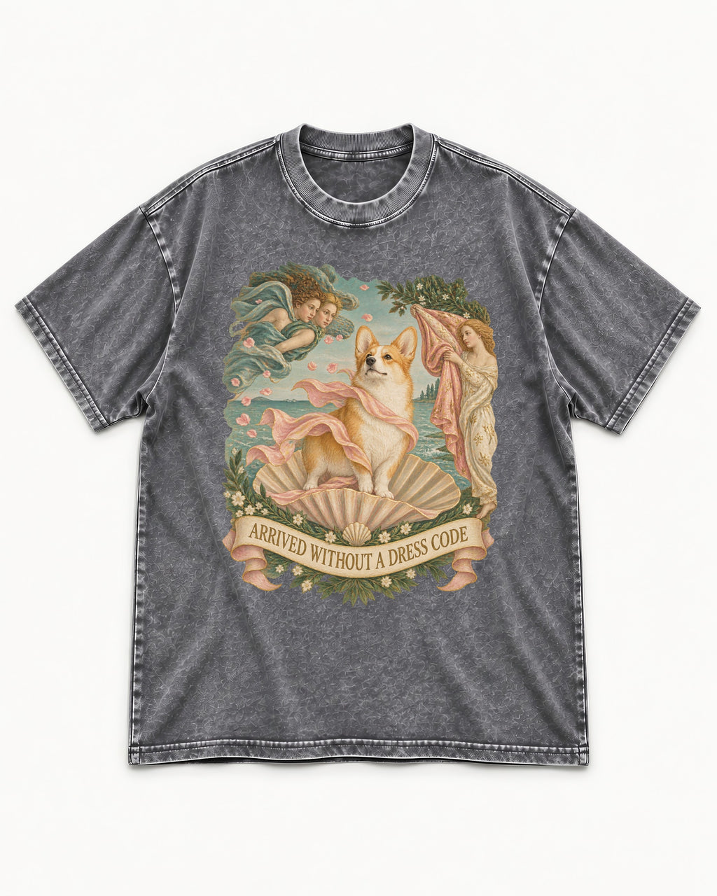 Corgi Arrived Without a Dress Code Birth of Venus Washed Tee in Gray, flat lay product photo