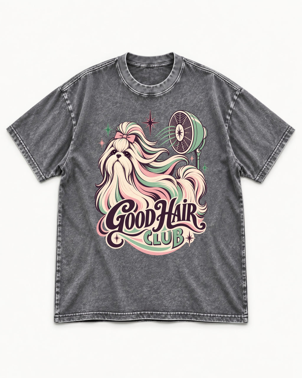 Shih Tzu Good Hair Club Salon Fan Graphic Washed Tee in Gray, flat lay product photo