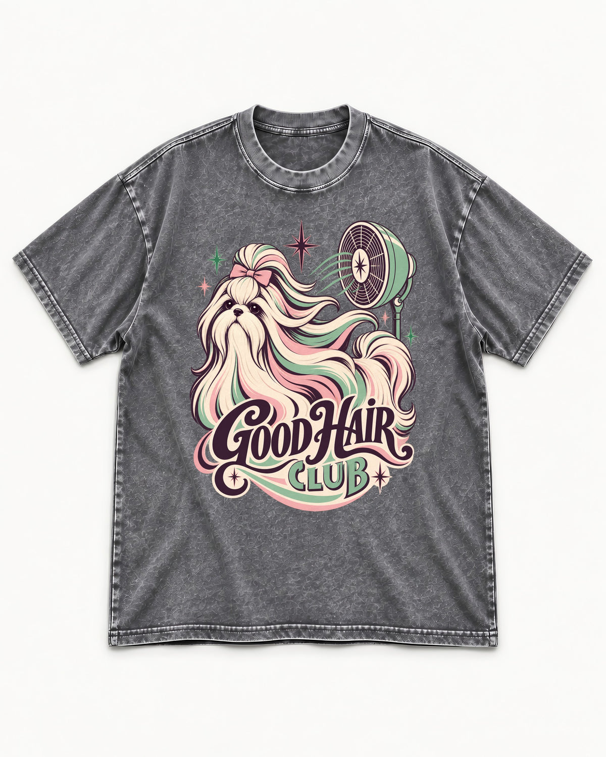 Shih Tzu Good Hair Club Salon Fan Graphic Washed Tee in Gray, flat lay product photo
