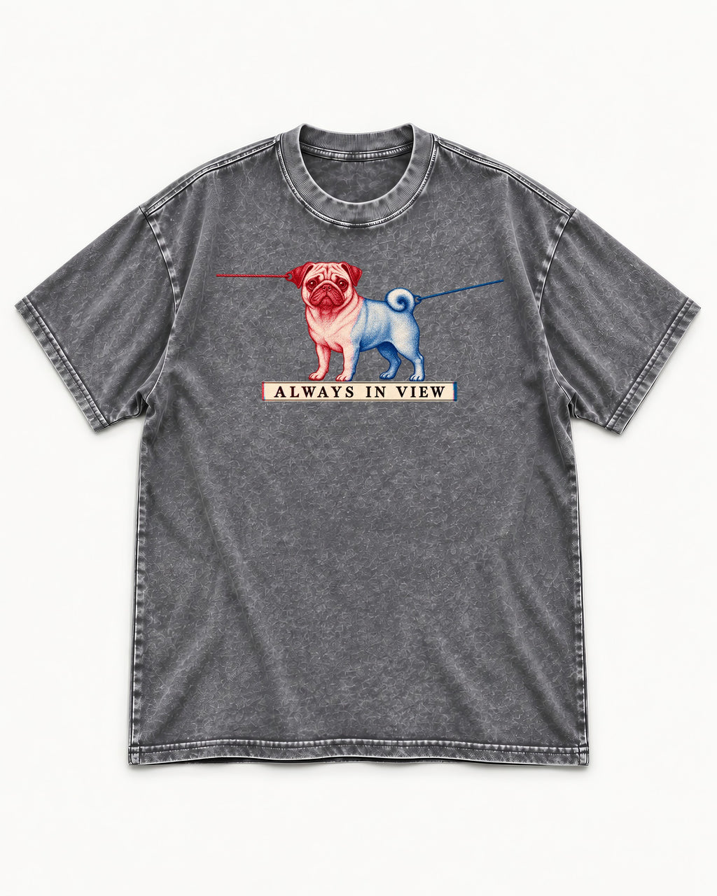Pug Always in View Split Leash Graphic Washed Tee in Gray, flat lay product photo