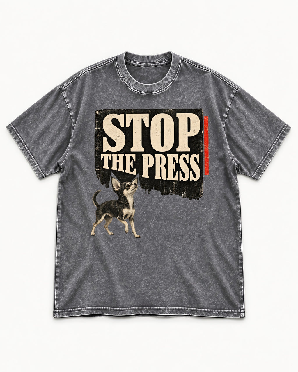 Stop the Press Chihuahua Washed Tee in Gray, flat lay product photo