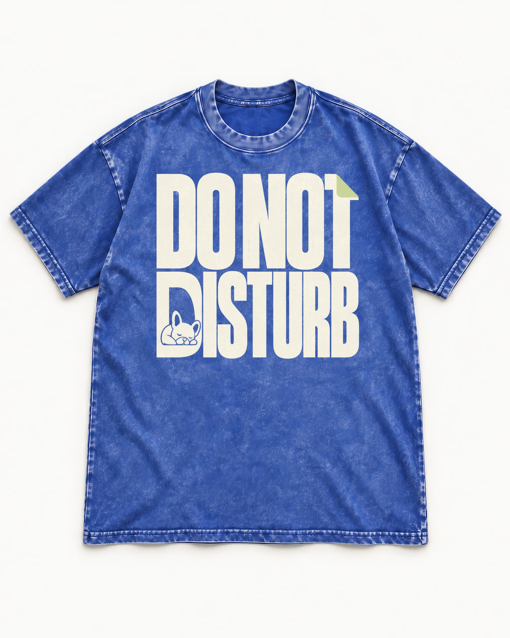 Frenchie Do Not Disturb Hidden Sleeping Graphic Washed Tee in Royal Blue, flat lay product photo