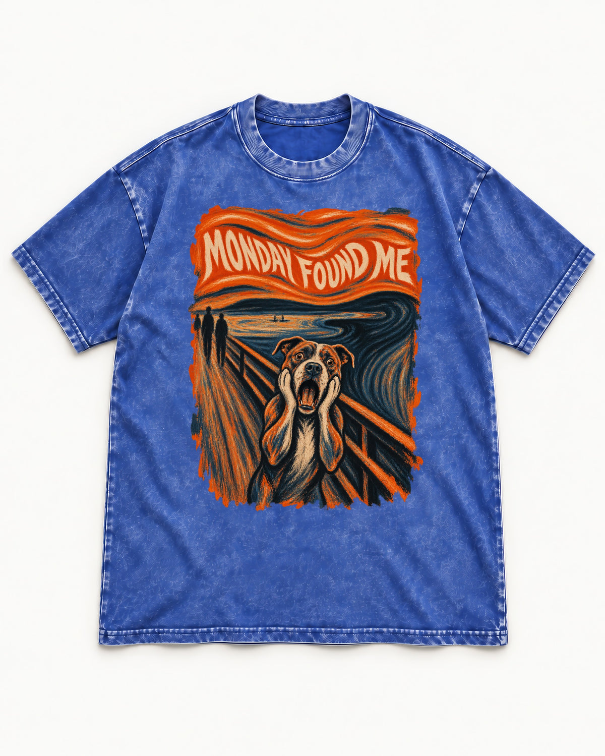 Pitbull Monday Found Me Expressionist Scream Graphic Washed Tee in Royal Blue, flat lay product photo