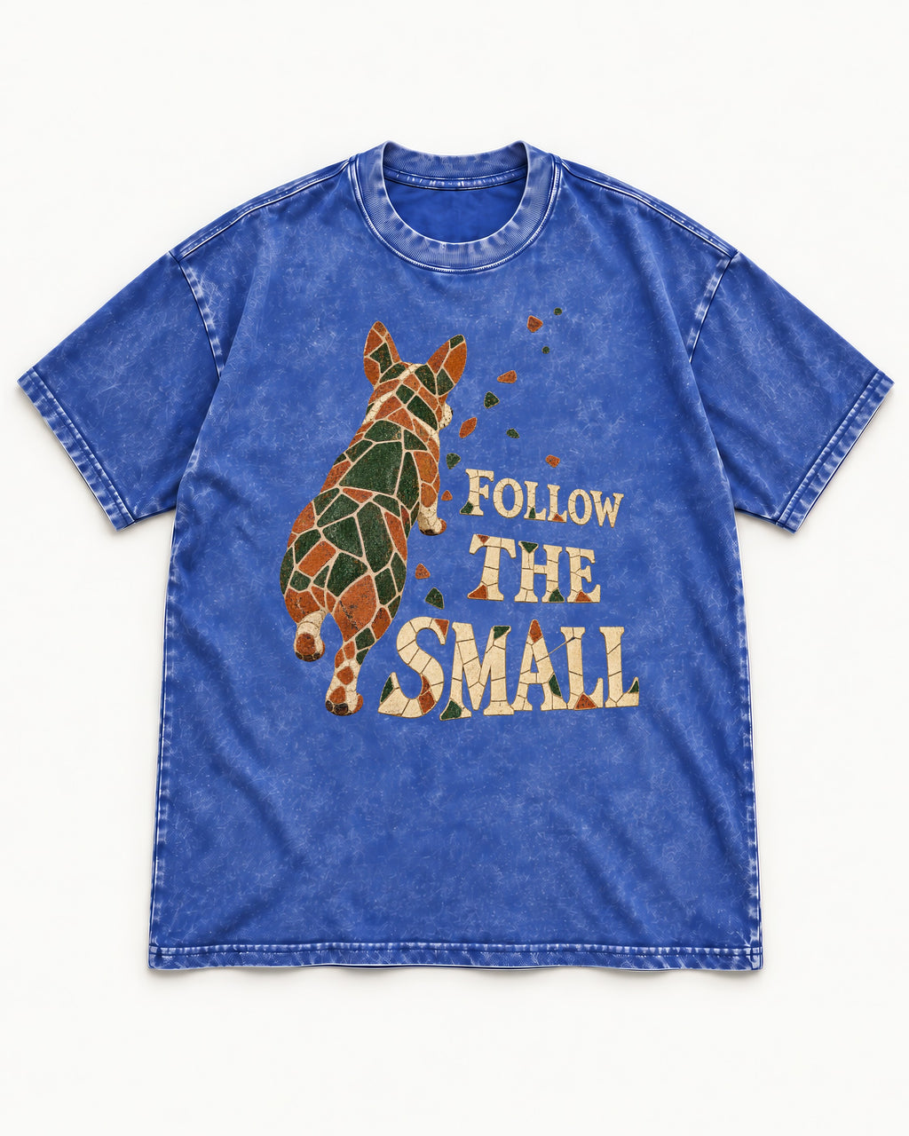 Corgi Follow the Small Mosaic Washed Tee in Royal Blue, flat lay product photo