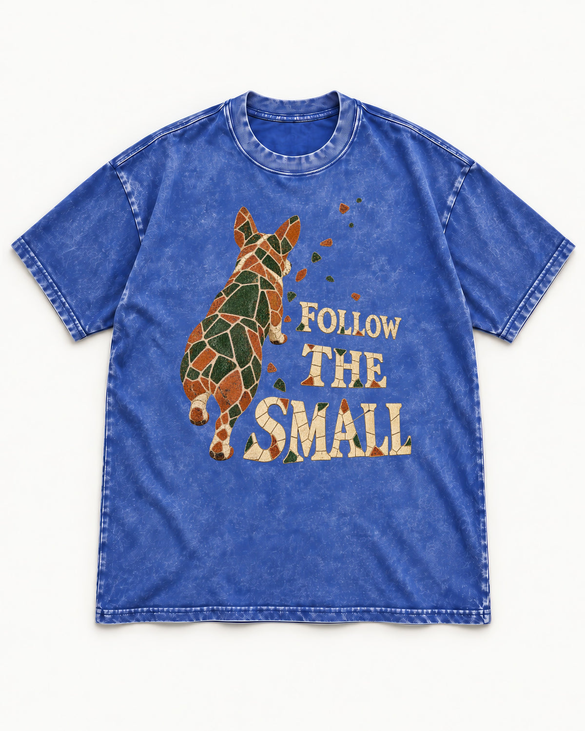Corgi Follow the Small Mosaic Washed Tee in Royal Blue, flat lay product photo