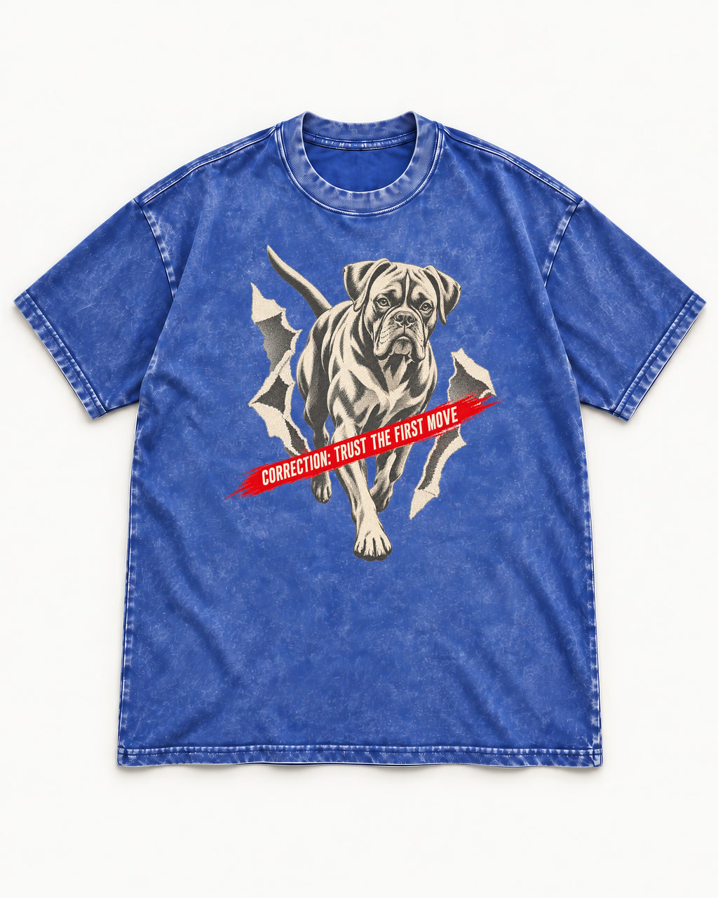 Mastiff Mismatch Boxer Needs Review Washed Tee in Royal Blue, flat lay product photo