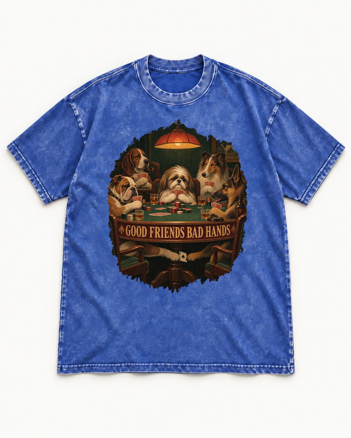 Shih Tzu Good Friends Bad Hands Poker Night Graphic Washed Tee in Royal Blue, flat lay product photo