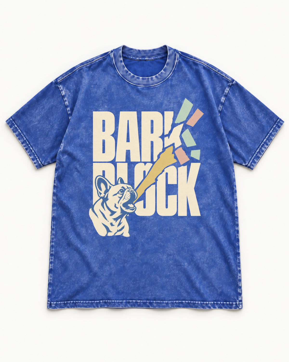 Frenchie Bark Breaks Bark Block Graphic Washed Tee in Royal Blue, flat lay product photo