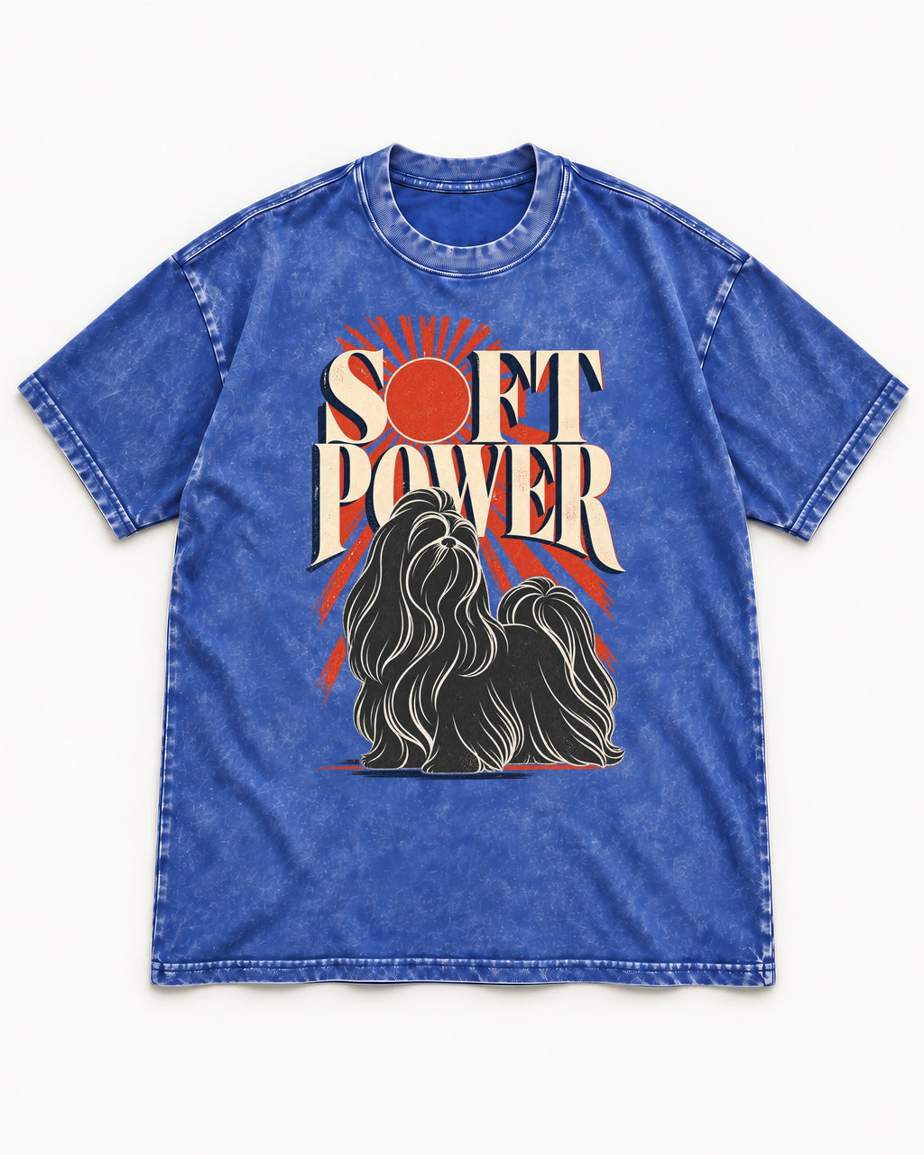 Shih Tzu Soft Power Sunburst Graphic Washed Tee in Royal Blue, flat lay product photo