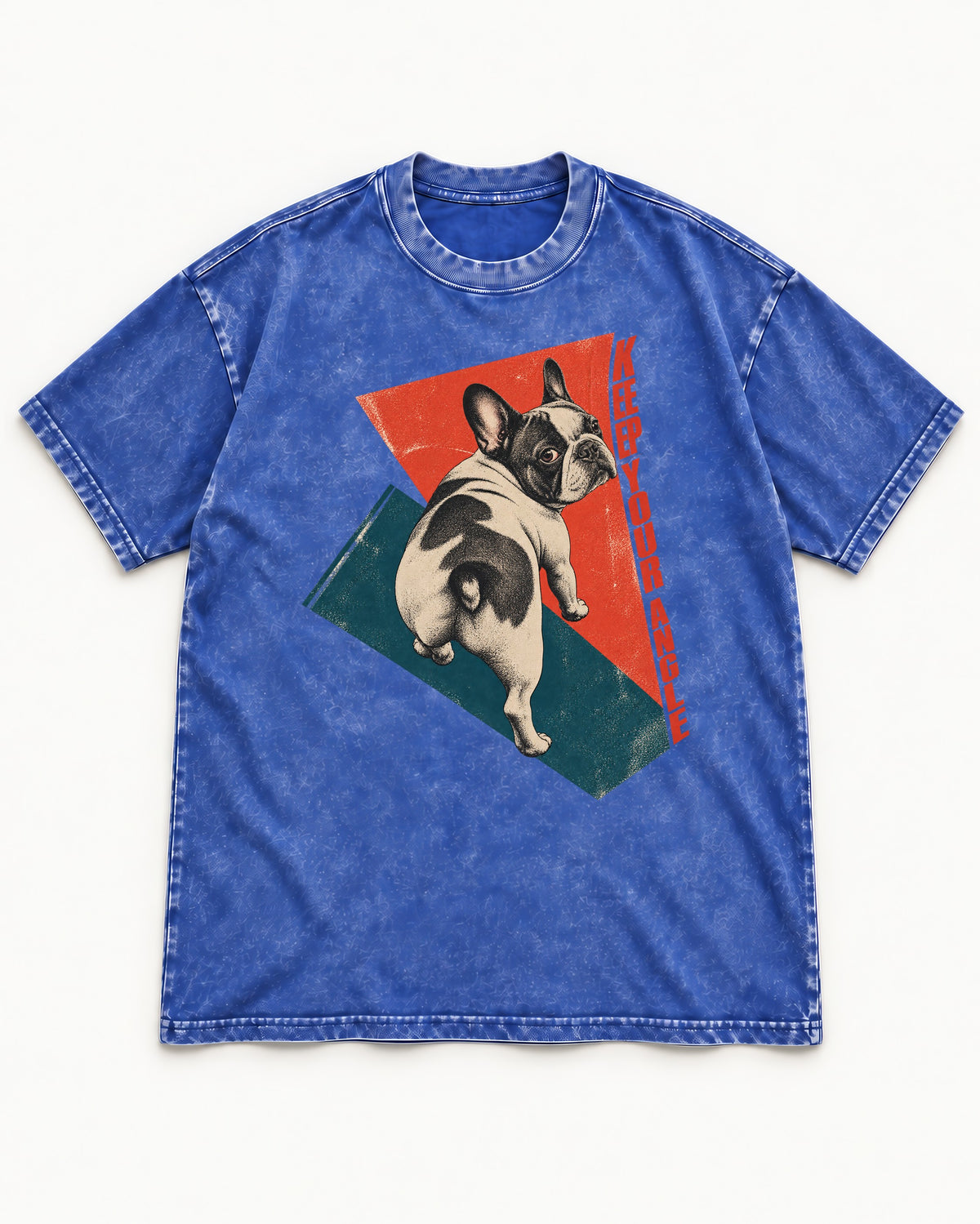 Frenchie Keep Your Angle Geometric Graphic Washed Tee in Royal Blue, flat lay product photo