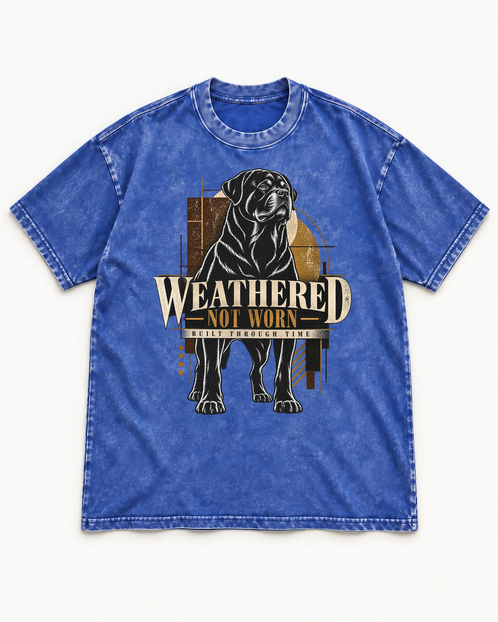 Rottweiler Weathered Not Worn Geometric Graphic Washed Tee in Royal Blue, flat lay product photo