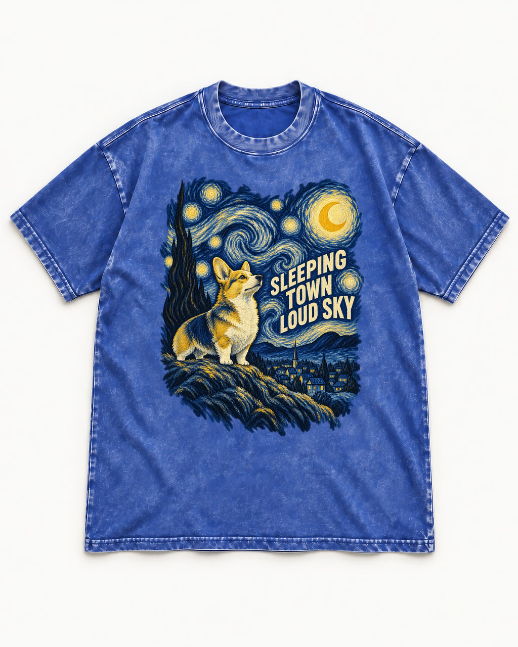 Corgi Sleeping Town Loud Sky Starry Night Washed Tee in Royal Blue, flat lay product photo