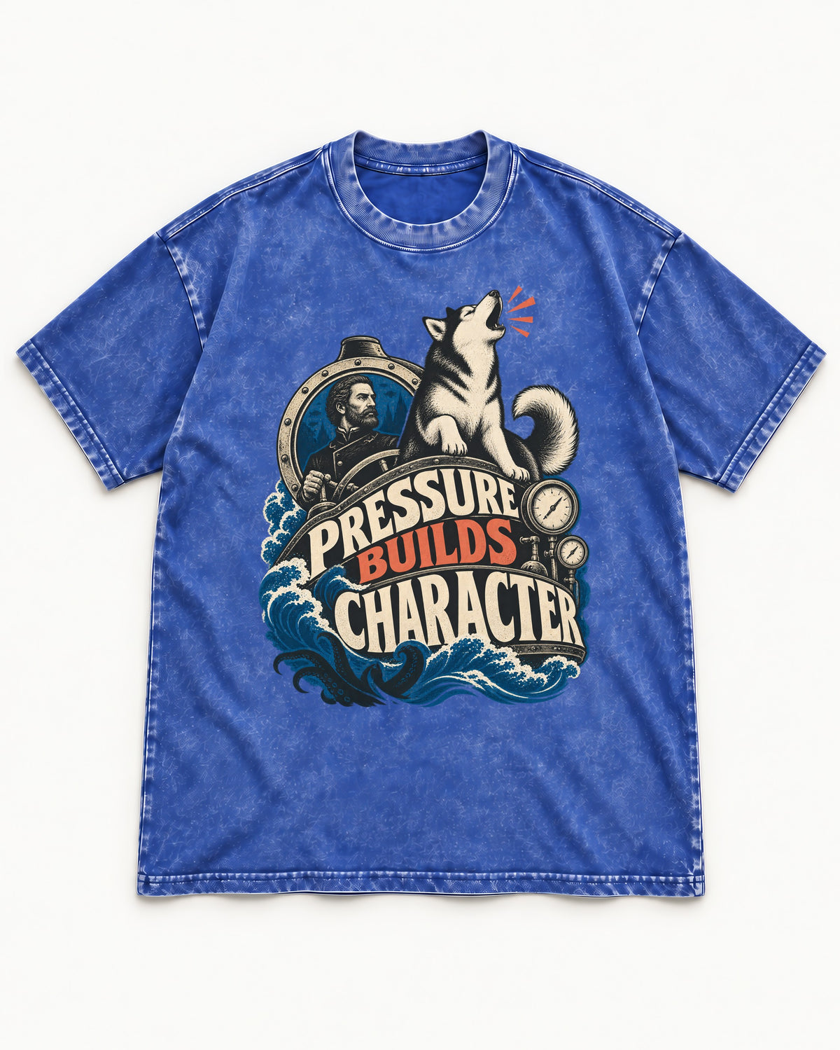 Husky Pressure Builds Character Deep Sea Graphic Washed Tee in Royal Blue, flat lay product photo