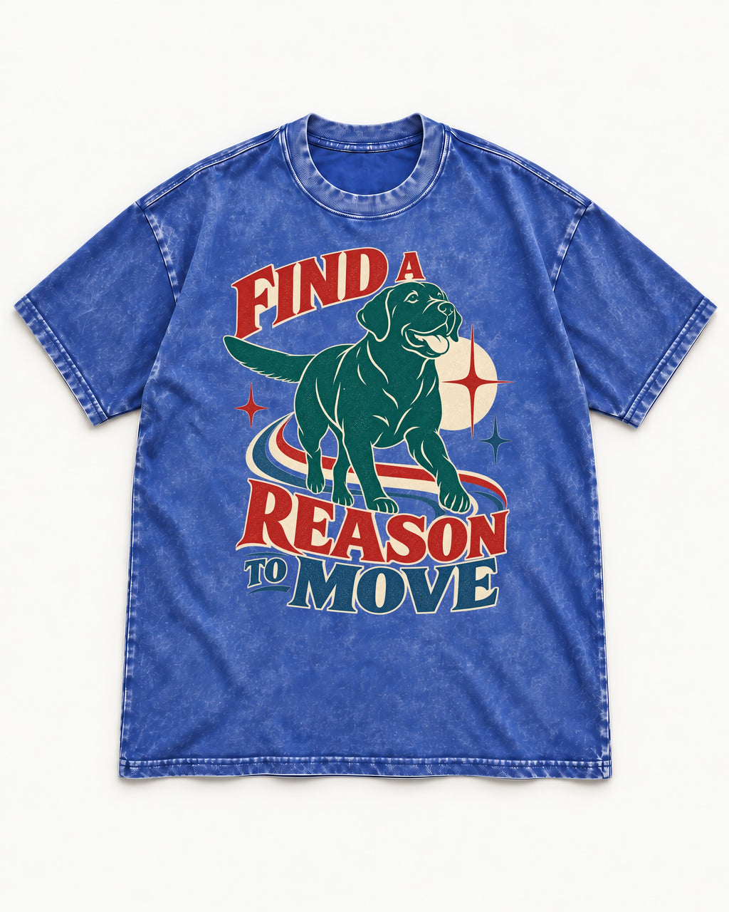 Labrador Retriever Find a Reason to Move Retro Dog Graphic Washed Tee in Royal Blue, flat lay product photo