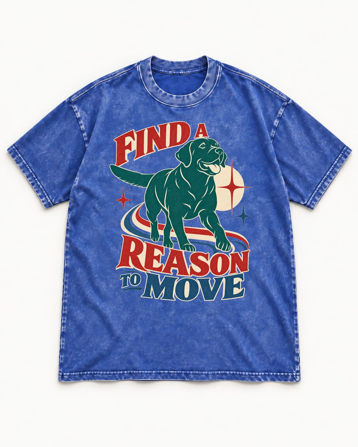 Labrador Retriever Find a Reason to Move Retro Dog Graphic Washed Tee in Royal Blue, flat lay product photo