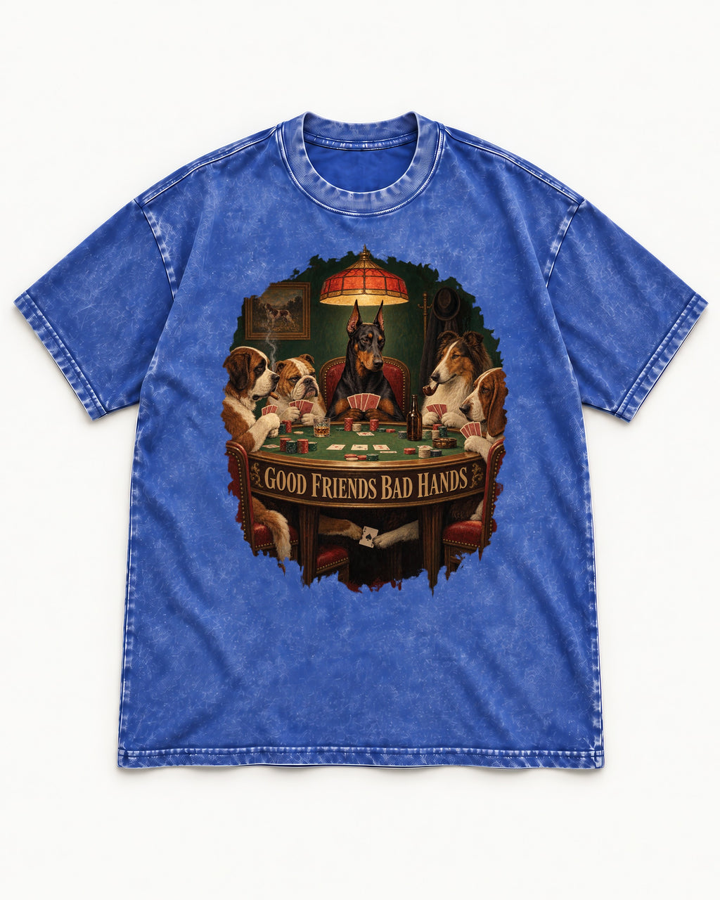 Doberman Good Friends Bad Hands Poker Night Graphic Washed Tee in Royal Blue, flat lay product photo
