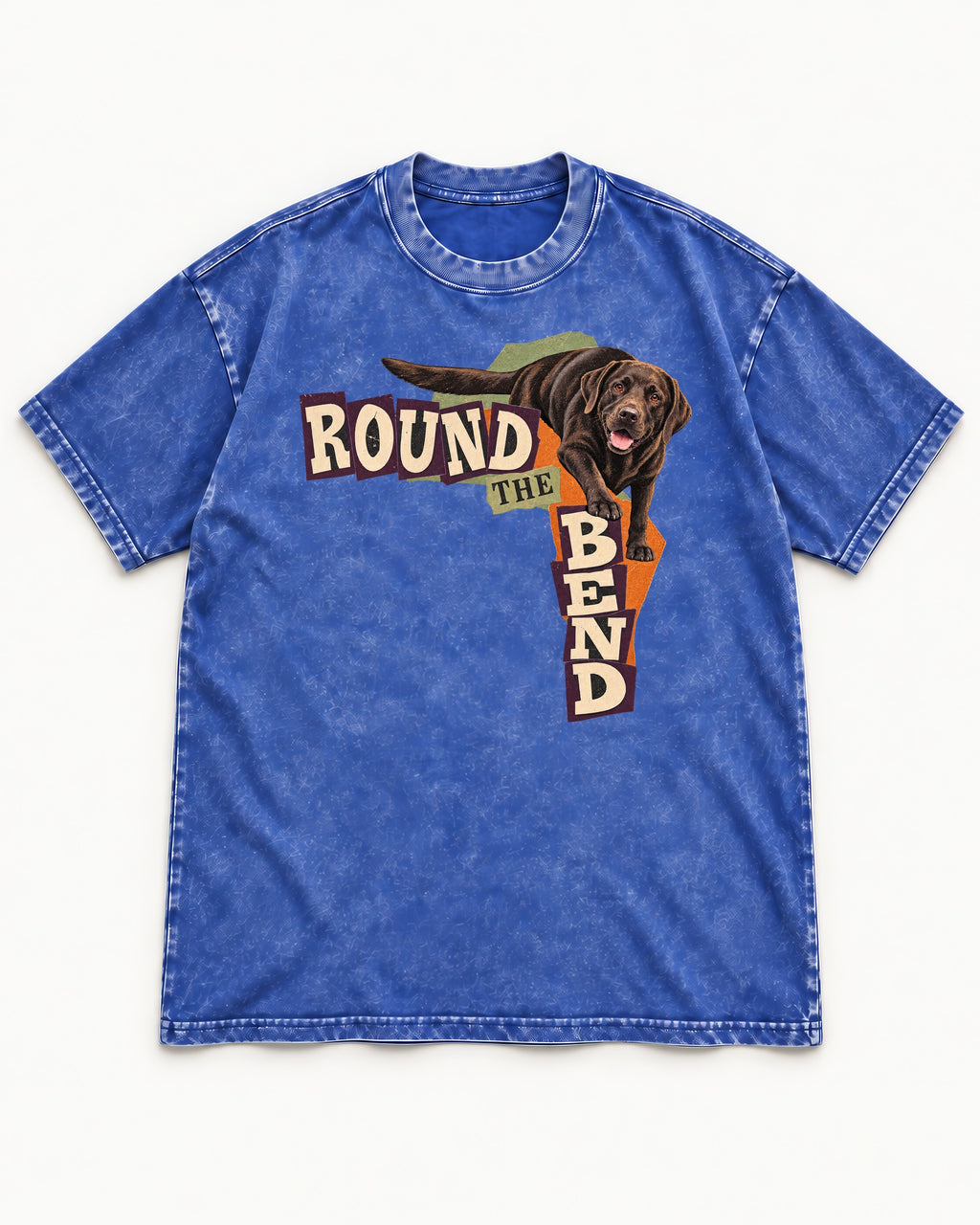 Labrador Retriever Round the Bend Collage Graphic Washed Tee in Royal Blue, flat lay product photo