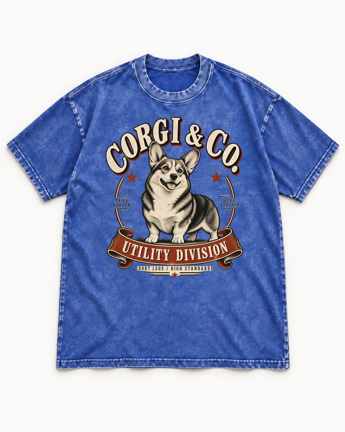 Corgi and Co Utility Division Emblem Washed Tee in Royal Blue, flat lay product photo