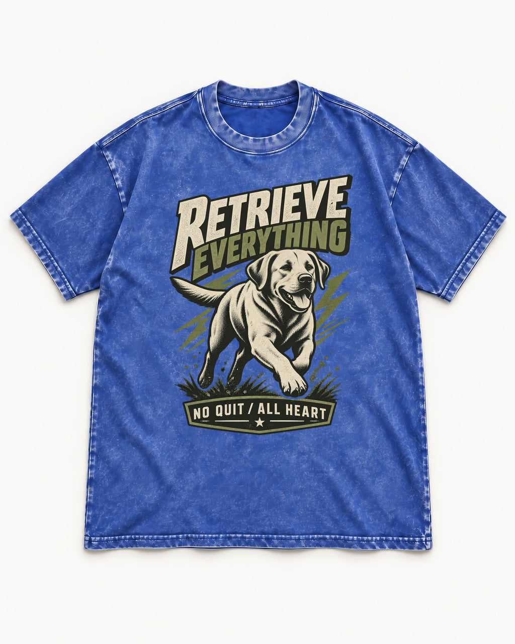 Labrador Retriever Retrieve Everything No Quit All Heart Running Graphic Washed Tee in Royal Blue, flat lay product photo