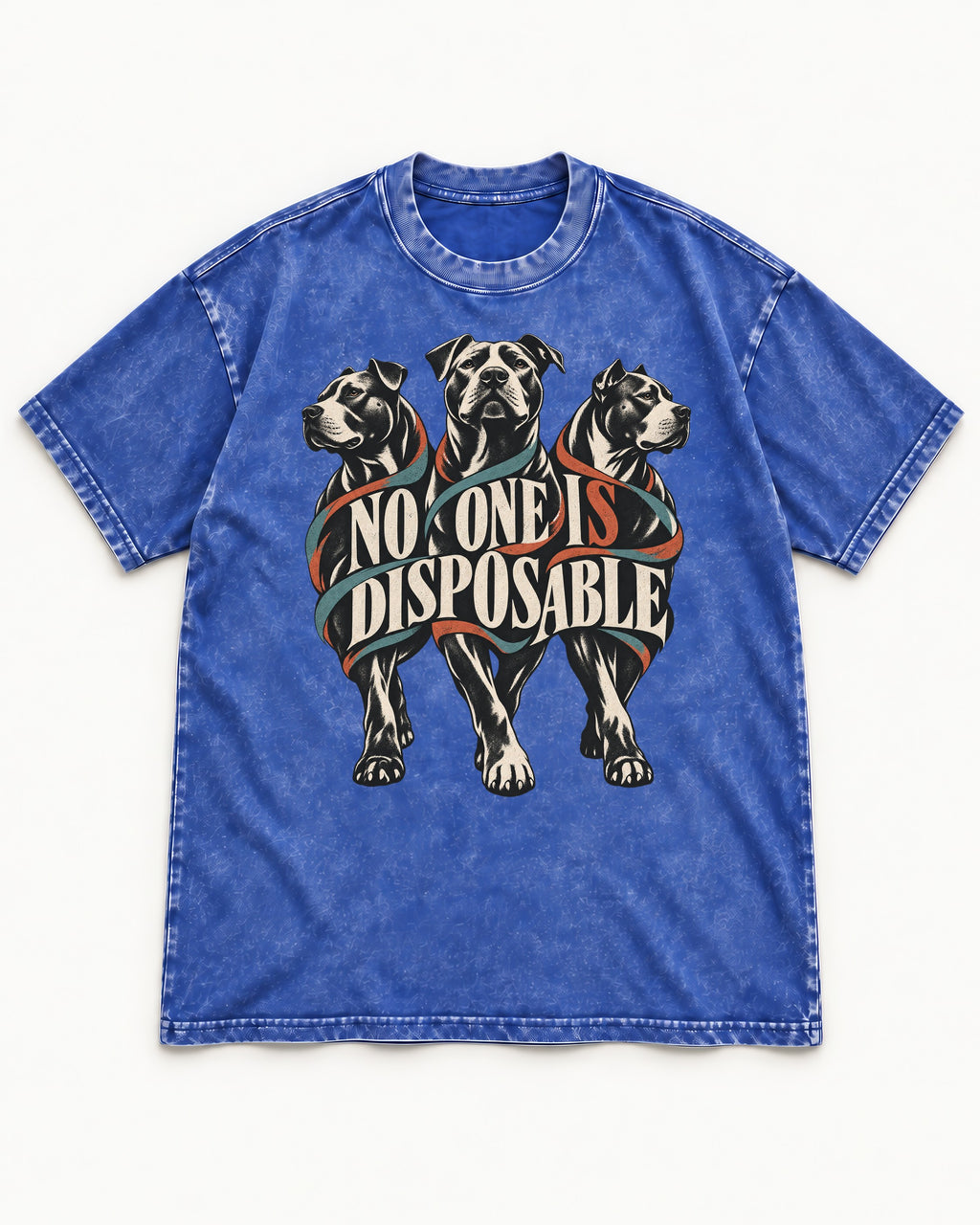 Pitbull No One Is Disposable Three Dogs Graphic Washed Tee in Royal Blue, flat lay product photo