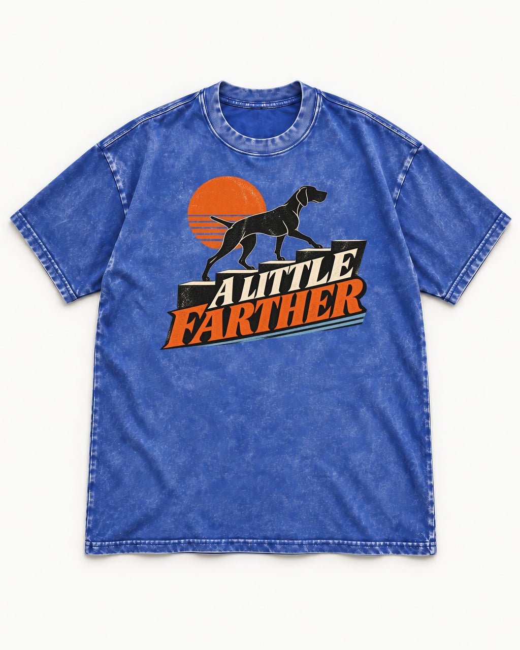 German Shorthaired Pointer A Little Farther Sunset Steps Graphic Washed Tee in Royal Blue, flat lay product photo