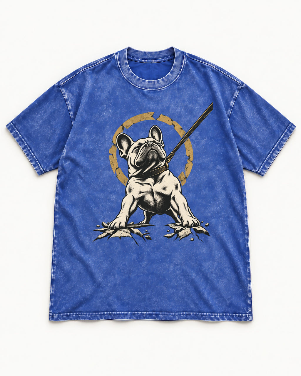 Frenchie Stubborn Leash Monument Graphic Washed Tee in Royal Blue, flat lay product photo