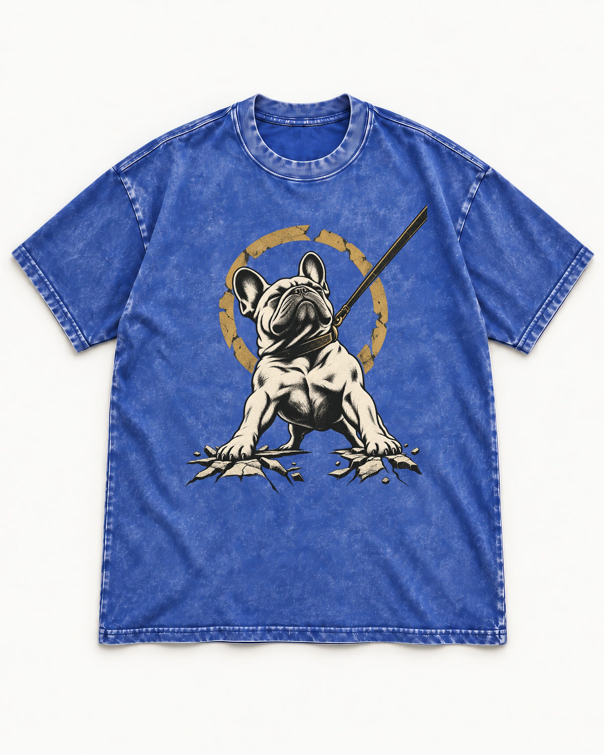 Frenchie Stubborn Leash Monument Graphic Washed Tee in Royal Blue, flat lay product photo