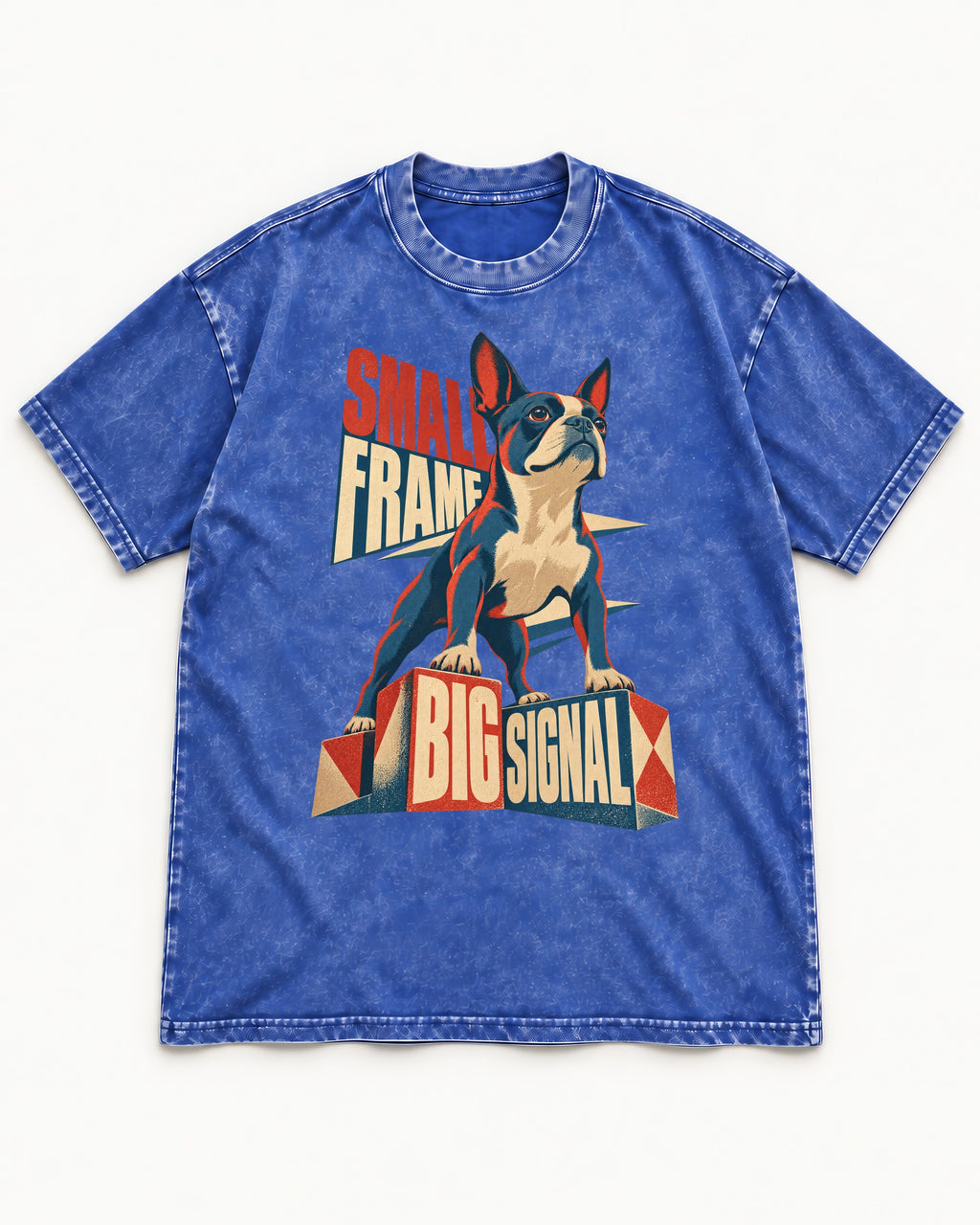 Small Frame Big Signal Boston Terrier Washed Tee in Royal Blue, flat lay product photo