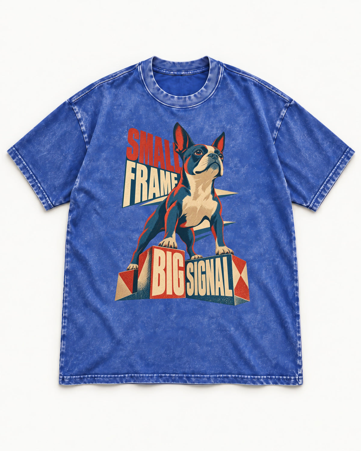 Small Frame Big Signal Boston Terrier Washed Tee in Royal Blue, flat lay product photo