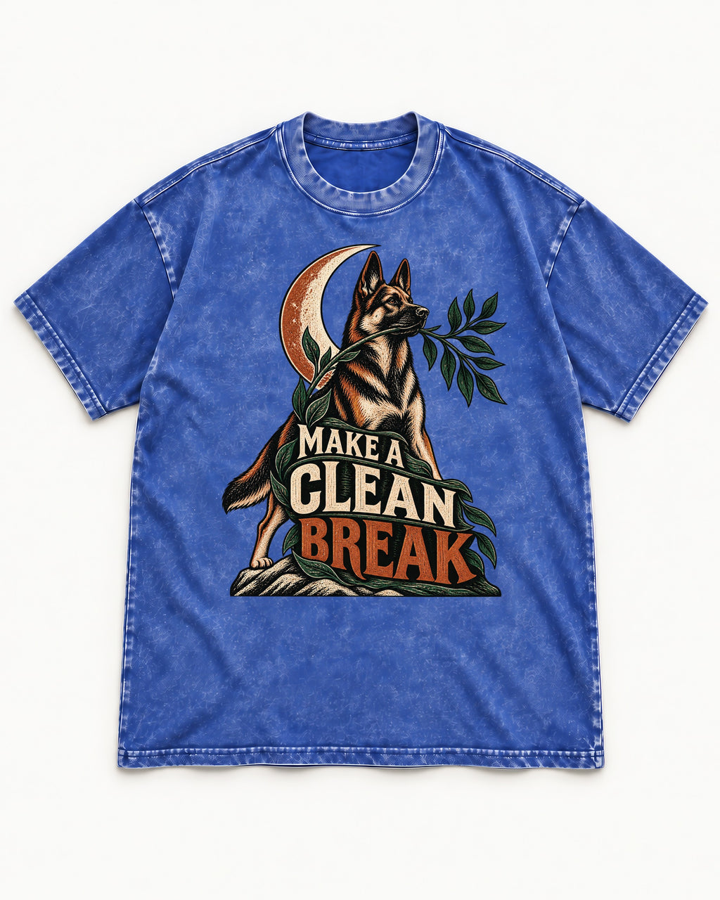 Make A Clean Break Crescent Botanical German Shepherd Dog Graphic Washed Tee in Royal Blue, flat lay product photo